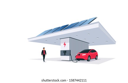 Electric car parking charging at smart modern charger station. Renewable energy with solar panels and city skyline Sustainable eco future transport. Isolated vector illustration on white background. 