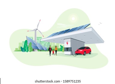 Electric car parking charging at smart modern charger station. Renewable energy storage stand with solar panels wind turbine and city skyline in background. Sustainable eco future transport vector.