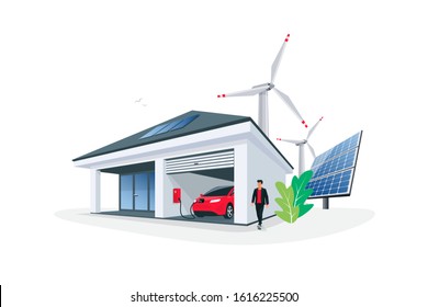 Electric car parking charging at smart house garage wall box charger station stand at family home. Renewable energy solar panel roof and wind turbines in background. Isolated vector illustration. 