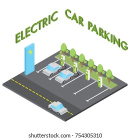 Electric Car Parking Concept, Isometric Vehicle Charging Station Isolated Vector