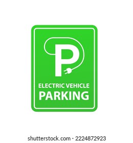 Electric car parking sign. Green charging station symbol. A place for parking environmentally friendly hybrid cars. Vector illustration