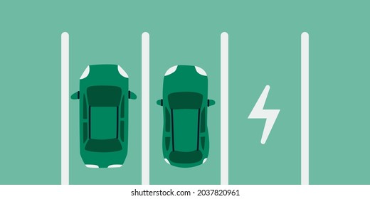 Electric car parking. Two eco cars on parking place for charging, a top view. Vector illustration EPS 10