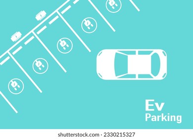 Electric car parking zone. Area electric car charge battery in charging station. Top view flat design.