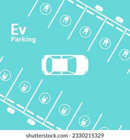 Electric car parking zone. Area electric car charge battery in charging station. Top view flat design.