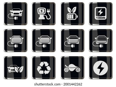 Electric car pictograms in black chrome buttons. icon set for user interface design