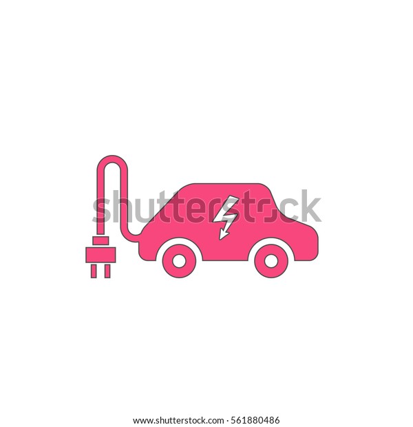 Electric car Pink vector icon with\
black contour line. Flat computer symbol on white background\

