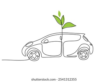 Electric car with plant icon in continuous one line drawing. Go green energy concept for eco-friendly transportation.