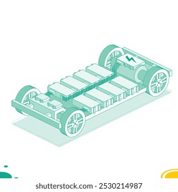 Plataforma de carro elétrico. Gabinete com bateria de lítio. Sistema modular. Ilustração vetorial. Objetos de contorno isométricos isolados em fundo branco. Componentes de veículos elétricos.