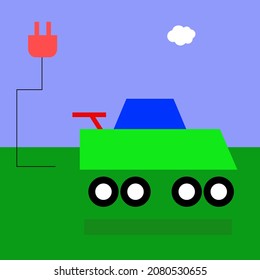 Elektroauto mit Elektrostecker auf Gras im Freien
