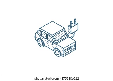 electric car with plug cable, ecology isometric icon. 3d vector illustration. Isolated line art technical drawing. Editable stroke