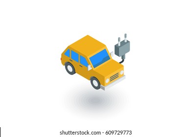 electric car, plug cable, ecology isometric flat icon. 3d vector colorful illustration. Pictogram isolated on white background