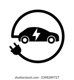 Electric Car With Plug Charging Green Symbol. Electric Vehicle Icon. EV Cars Icons. Charging Station Road Sign. Renewable Eco Technologies