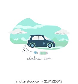 Electric car with plug charging symbol. The concept of an environmentally friendly car with a renewable energy source. Vector illustration.