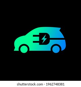 Electric car with plug green icon symbol, EV car hybrid vehicles charging point logotype, Eco friendly vehicle concept, Isolated on black background, Vector illustration