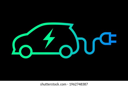 Electric car with plug green icon symbol, EV car hybrid vehicles charging point logotype, Eco friendly vehicle concept, Isolated on black background, Vector illustration