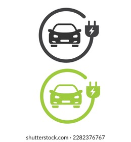 Electric car with plug green icon symbol.