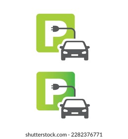 Electric car with plug green icon symbol.