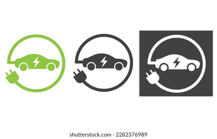 Electric car with plug green icon symbol.