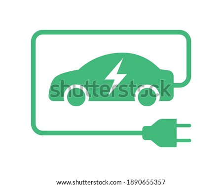 Electric car with plug green icon symbol, EV car hybrid vehicles charging point logotype, Eco friendly vehicle concept, Vector illustration