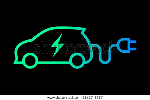 Electric car with plug\
green icon symbol, EV car hybrid vehicles charging point logotype,\
Eco friendly vehicle concept, Isolated on black background, Vector\
illustration
