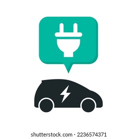 Elektrisches Auto mit Steckdosensymbol. Logo der Ladestation. Hybrid-Fahrzeuge-Schild. Leistungsstarker Standort. Vektorgrafik.