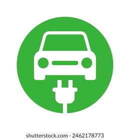 Electric car with plug icon, EV car charging circle sign, Green hybrid vehicles charging point, Eco friendly vehicle concept, Vector illustration