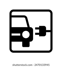 Electric car with plug icon, EV car hybrid vehicles charging point square sign, Eco friendly vehicle concept, Vector illustration