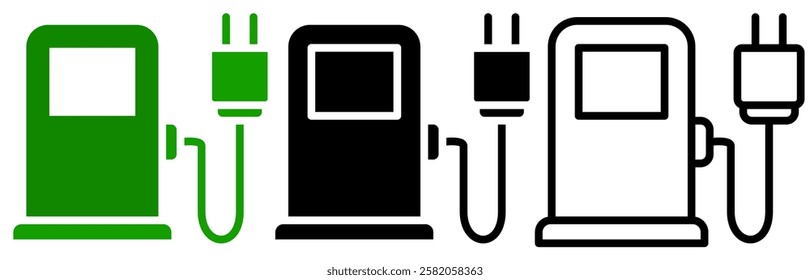 Electric car with plug icon, EV car, Green hybrid vehicles charging point, simple flat style, pictogram logo sign symbol vector illustration, isolated on white for mobile app