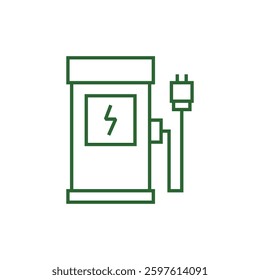 Electric car with plug icon, EV car, Green hybrid vehicles charging point, simple flat style, pictogram logo sign symbol vector illustration, isolated on white for mobile app
