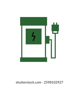 Electric car with plug icon, EV car, Green hybrid vehicles charging point, simple flat style, pictogram logo sign symbol vector illustration, isolated on white for mobile app