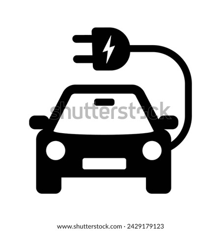 Electric Car With Plug Icon. Front-View Of An Electric Vehicle Symbol. Eco-Friendly Auto With Electric Battery. Electrical Fueling Plug Pictogram.