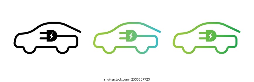 Electric car with plug icon line with gradient green and blue. Green hybrid vehicles charging point. Eco friendly vehicle concept, EV car. Vector illustration