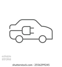 Electric car with plug icon. Simple outline style. EV car, green hybrid vehicles charging point, eco friendly vehicle concept. Thin line symbol. Vector illustration isolated. Editable stroke.