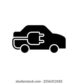 Electric car with plug icon. Simple solid style. EV car, green hybrid vehicles charging point, eco friendly vehicle concept. Black silhouette, glyph symbol. Vector illustration isolated.