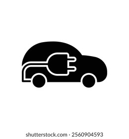 Electric car with plug icon. Simple solid style. EV car, green hybrid vehicles charging point, eco friendly vehicle concept. Black silhouette, glyph symbol. Vector illustration isolated.