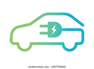 Электромобиль с символом значка штепсельной вилки, электромобиль, логотип точки зарядки зеленых гибридных транспортных средств, концепция экологически чистого автомобиля, векторная иллюстрация
