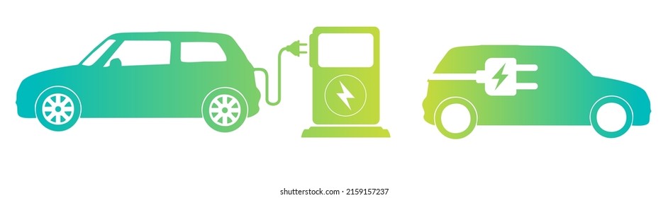 Electric car with plug icon symbol, Green hybrid vehicles charging point logotype. Eco car concept with electric charge.
