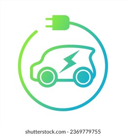 electric car with plug icon symbol, continuous line car logo, green hybrid vehicles charging point logotype, eco friendly vehicle concept, vector illustration