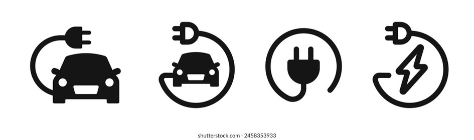 Electric car. Electric car with plug icon symbol set. Set of green electric car with plug. Electric car charger