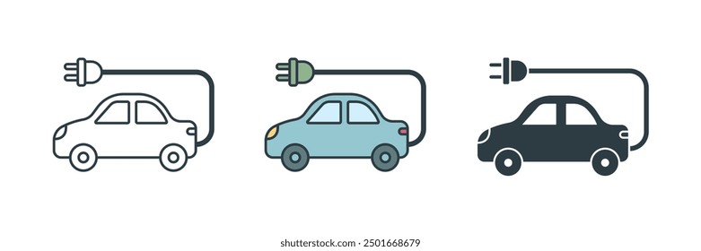 Coche eléctrico con la Ilustración vectorial del símbolo del icono del enchufe aislada en el fondo blanco