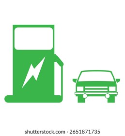 Coche eléctrico con el símbolo del icono del enchufe, coche del EV, logotipo verde del punto de carga de los vehículos híbridos, concepto respetuoso del medio ambiente del vehículo. Ilustración vectorial