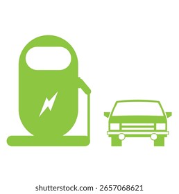 Carro elétrico com símbolo de ícone de plugue, carro EV, logotipo de ponto de carregamento de veículos híbridos verdes, conceito de veículo ecológico. Ilustração vetorial