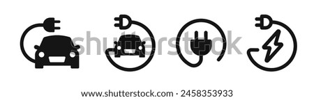 Electric car. Electric car with plug icon symbol set. Set of green electric car with plug. Electric car charger