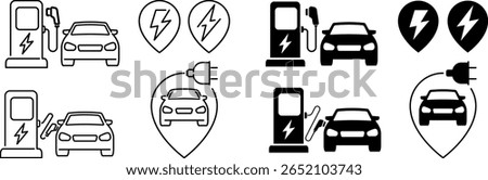 Electric car with plug icon symbol. EV car Green hybrid vehicles charging point illustration.