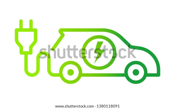 Electric car with plug icon symbol, EV car,\
Green hybrid vehicles charging point logotype, Eco friendly vehicle\
concept, Vector\
illustration