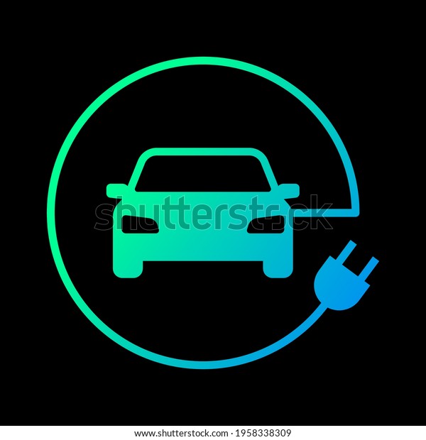 Electric car with plug\
icon symbol, EV car, Green hybrid vehicles charging point logotype,\
Eco friendly vehicle concept, Isolated on black background, Vector\
illustration