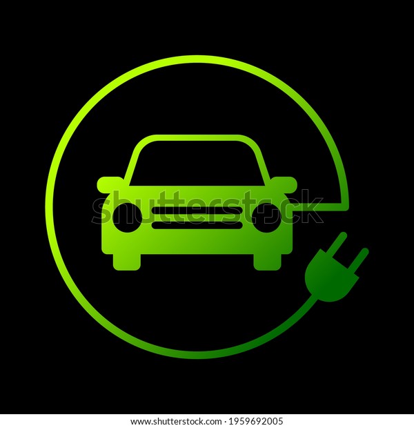 Electric car with plug\
icon symbol, EV car, Green hybrid vehicles charging point logotype,\
Eco friendly vehicle concept, Isolated on black background, Vector\
illustration