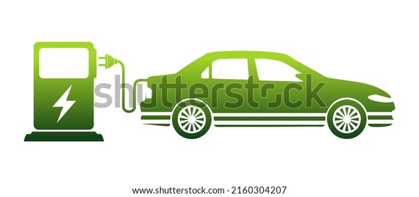 Electric car with plug icon symbol, Green\
hybrid vehicles charging point logotype. Eco car concept with\
electric charge.\
