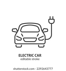 Coche eléctrico con icono de línea de enchufe. Símbolo de contorno de vector automático ecológico. Trazo editable.