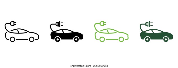 Electric Car with Plug Line and Silhouette Icon Set. Hybrid Eco Auto Transport. Electricity Energy Car Symbol Collection on White Background. Ecology Automobile Sign. Isolated Vector Illustration.